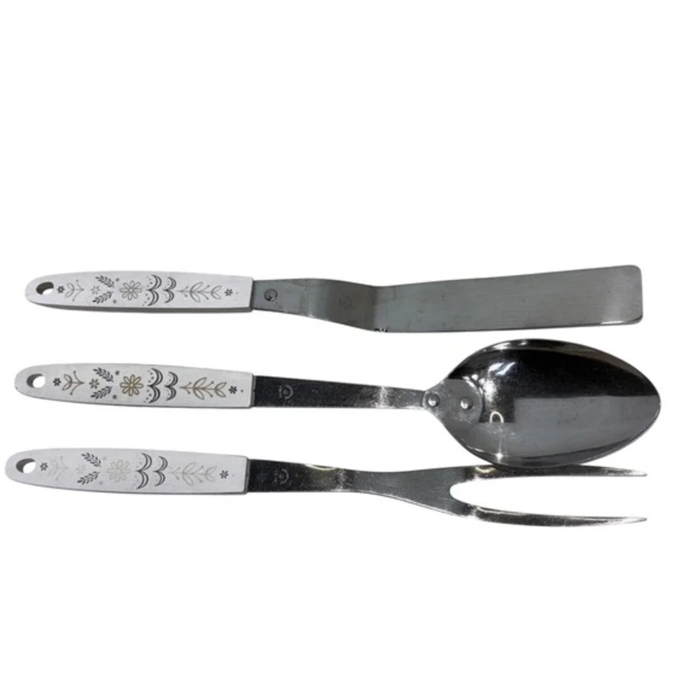 Vintage Flint‎ Ekco Kitchen Utensil Set Stainless USA Floral White Handles 3pc